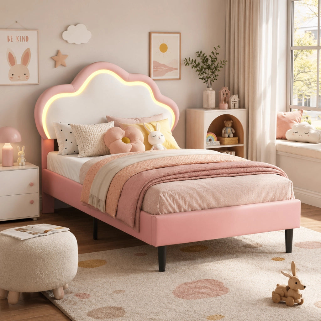 Letto per bambini 90x200cm con testiera a nuvola regolabile, rivestimento ecopelle rosa, luci RGB LED, telecomando e app, struttura robusta per camera da letto