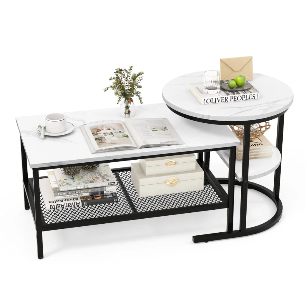 Set di 2 tavolini da caffè impilabili rettangolare (80 x 46 x 41 cm) e rotondo (52 x 52 x 51 cm) pratici ed eleganti realizzati in MDF bianco 20_0012490