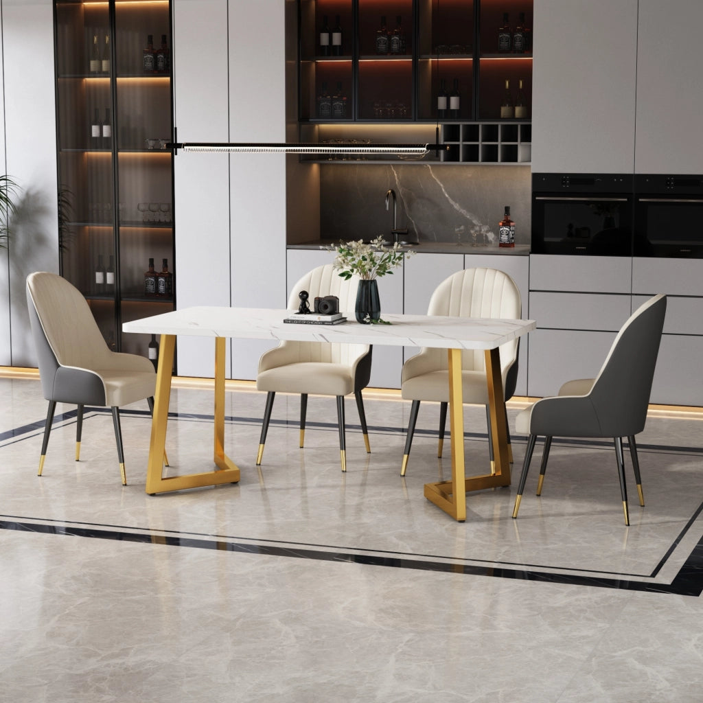 Tavolo da pranzo rettangolare 117x68x75 cm in MDF effetto marmo; bianco e oro