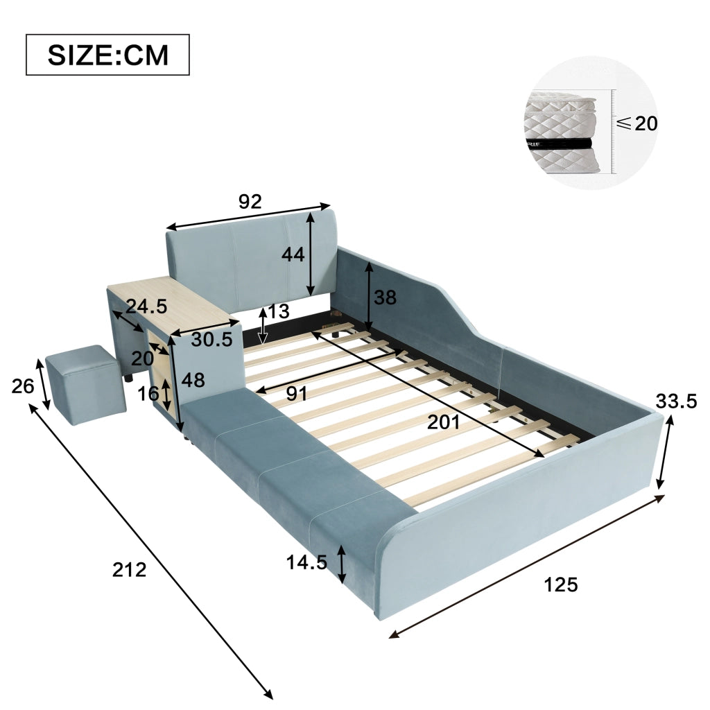 LETTO Singolo imbottito 90x200 cm con scrivania e sgabello in velluto blu