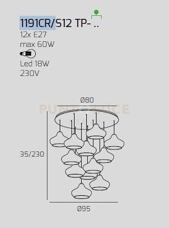 SOSPENSIONE CROMO 12 LUCI TONDA VETRI (6 X PICCOLO AM + 6 X PICCOLO RU) 1191CR-S12 TP-AR