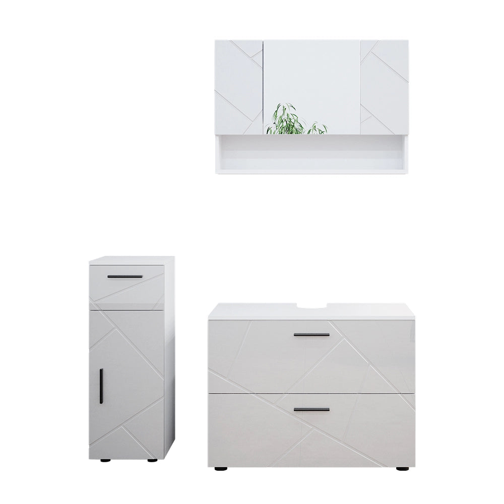 Vicco Set mobili bagno Bianco lucido 3 parti, con cassettiera e mobile midi