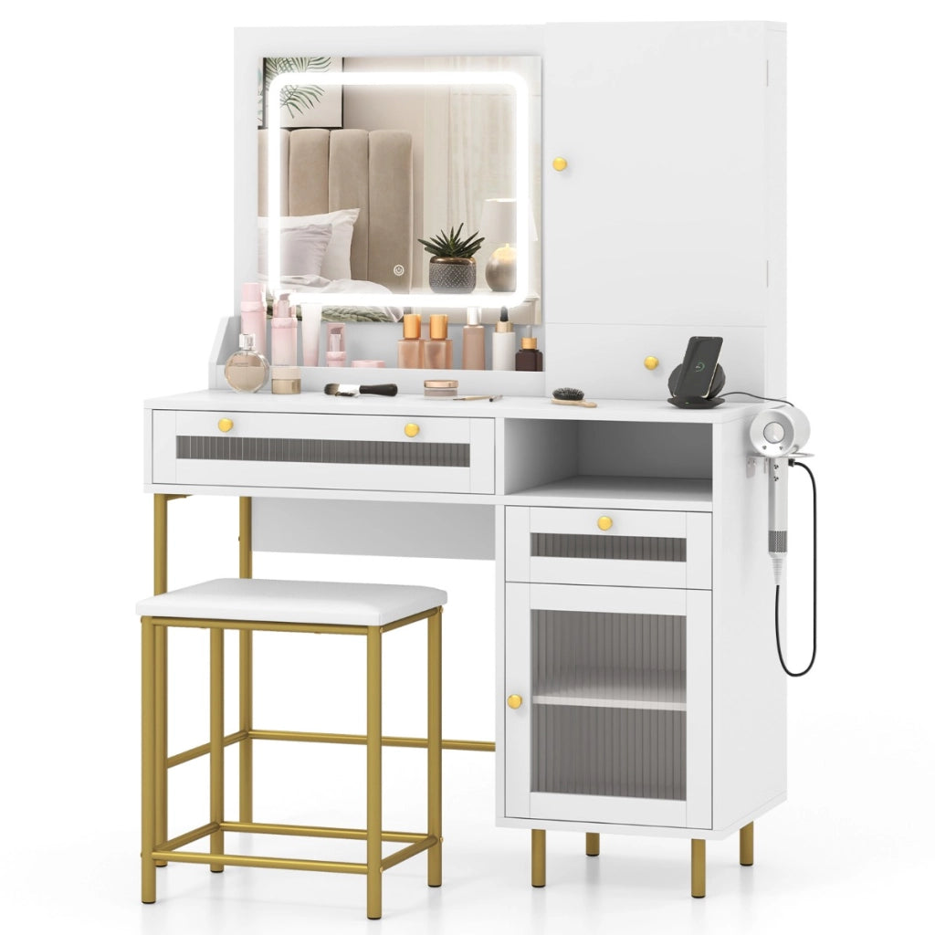 Scrivania per trucco con specchio e luci, Set tavolo da trucco con sgabello e stazione di ricarica Bianco + Oro-Tavoli da trucco