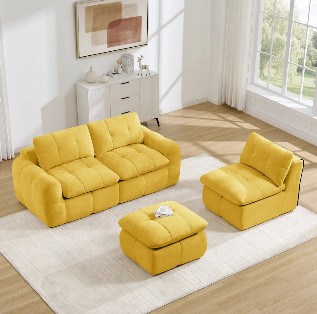 Divano modulare senza telaio in ciniglia giallo; 264 x 160 x 68 cm