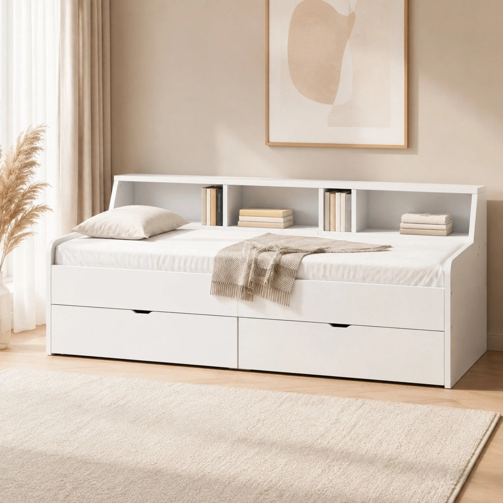 Letto da giorno 90x200 cm bianco con cassetti e vani laterali