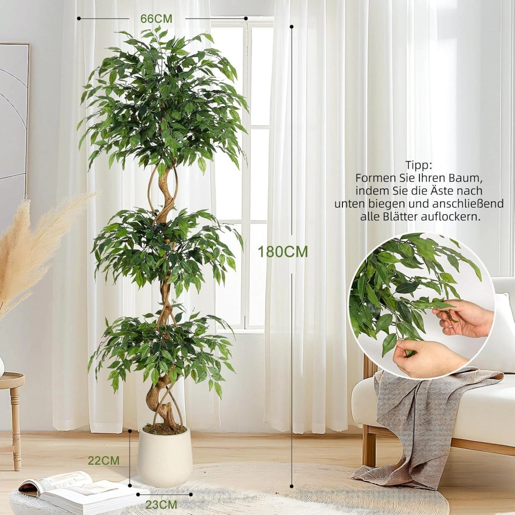 Ficus Lyrata Artificiale 180 cm con Tronco Curvo Foglie in Seta e Vaso Bianco