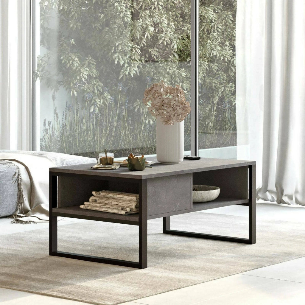 Tavolino da salotto Alfonsa, Tavolo basso da caffè, Portariviste per divano, Ripiano da soggiorno, 100x60h44 cm, Argento