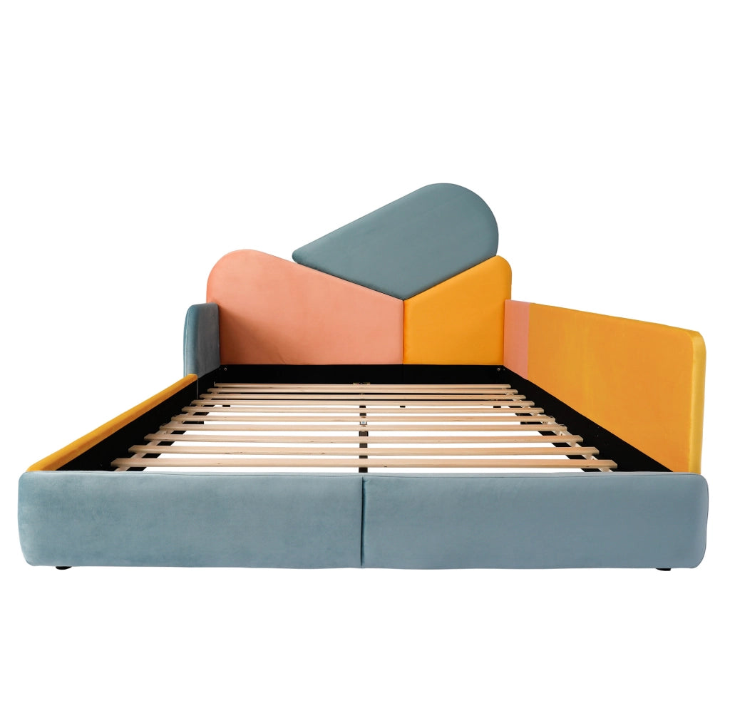 Letto imbottito 140x200 cm con protezione laterale; patchwork in velluto blu multicolore