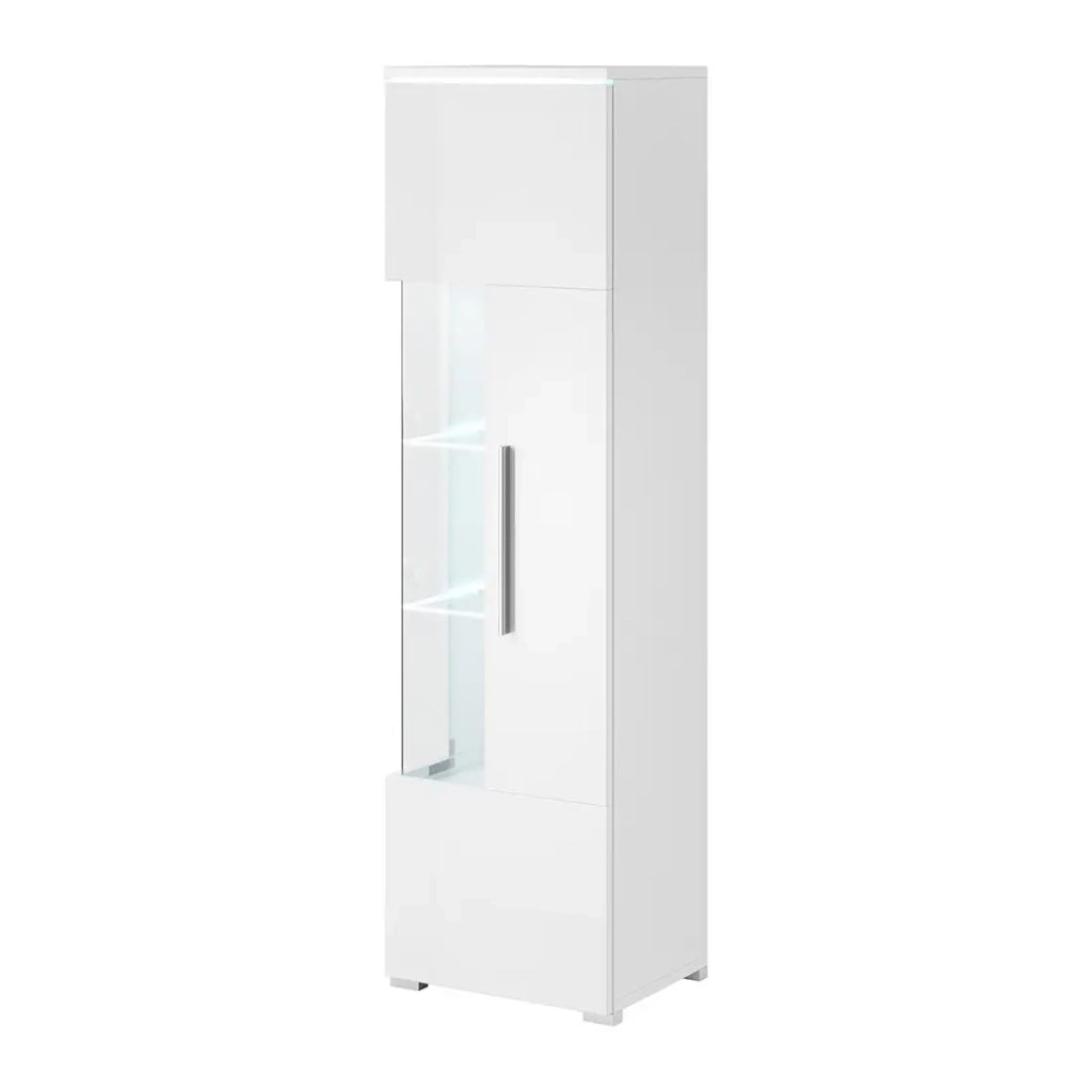Vetrina alta design con illuminazione LED multicolore collezione BOMBAY. Colore bianco lucido. Apertura a destra.