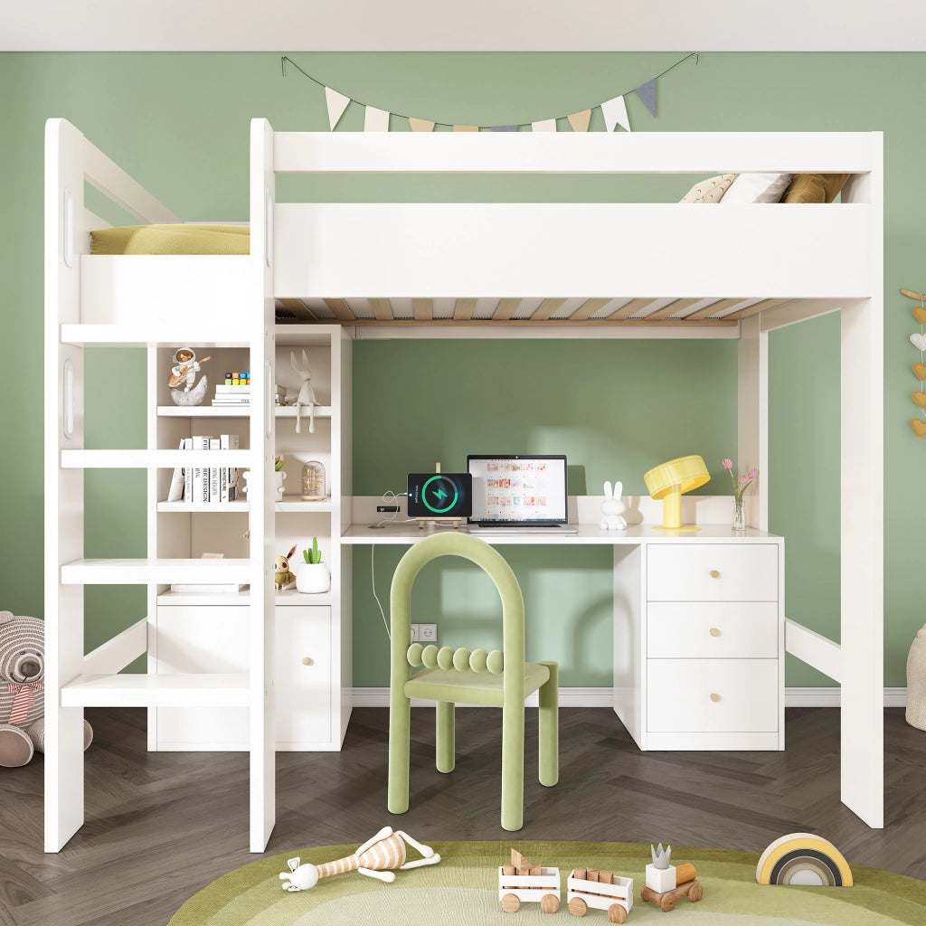 OKWISH Letto a soppalco 90×200 cm, Letto Singolo con Scrivania con USB e Tipo C, Armadio, Scaffali e Scala, senza Materasso, Bianco