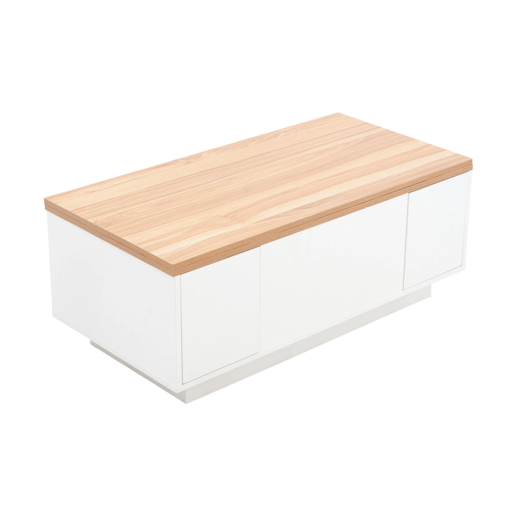 Tavolino da salotto con doppio piano sollevabile e vano contenitore; 100 x 50 x 55;5 cm; bianco e legno