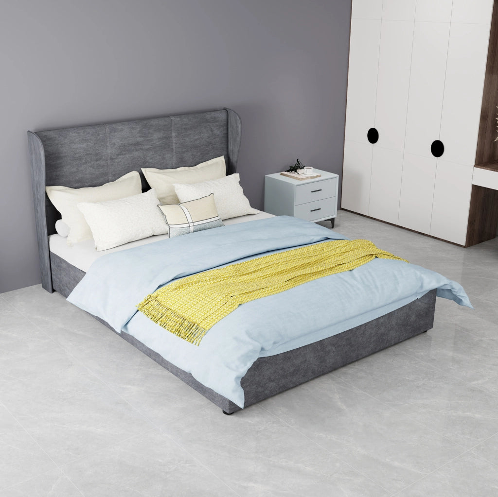 Letto imbottito ULEVR 140x200 cm con contenitore a gas e testiera in velluto grigio