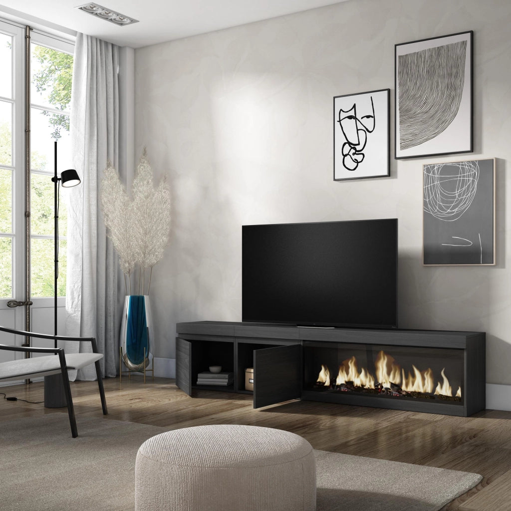 Mobile TV Soggiorno, 208x35x45cm, Per TV fino a 80", Camino elettrico XXL, Nero RF3257