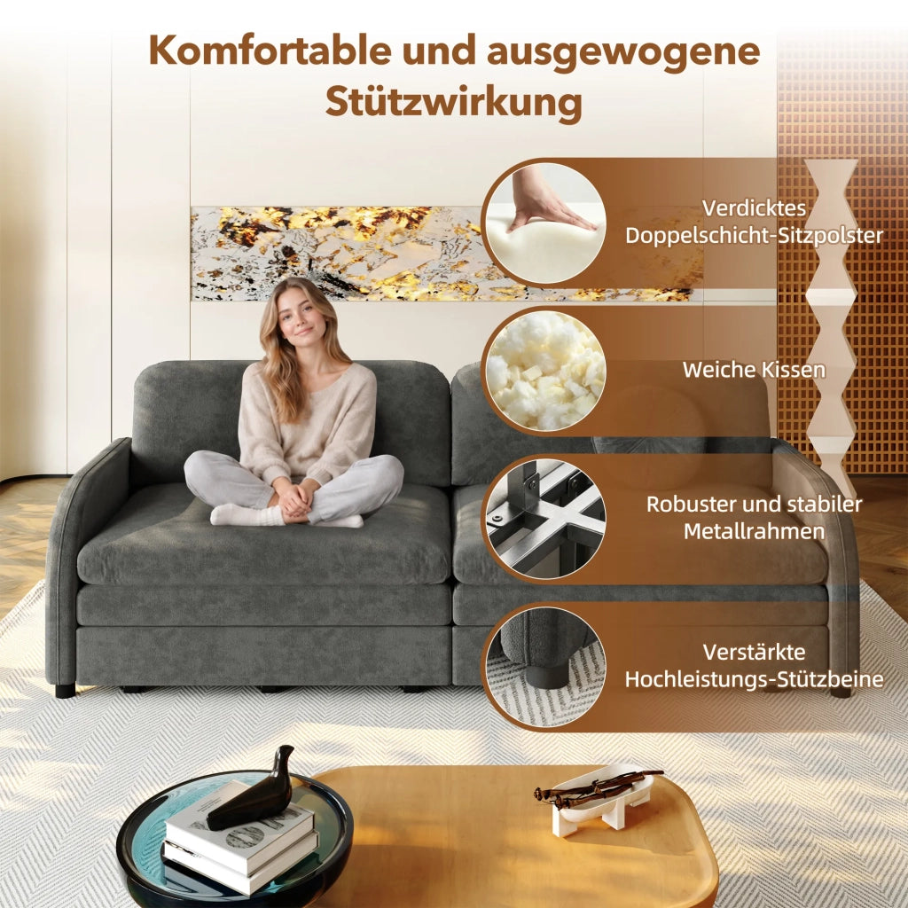 Divano letto 3 posti estraibile King-Size 206 cm, chenille grigio, funzione sonno 3-in-1, cuscini sfoderabili e tasche portaoggetti laterali