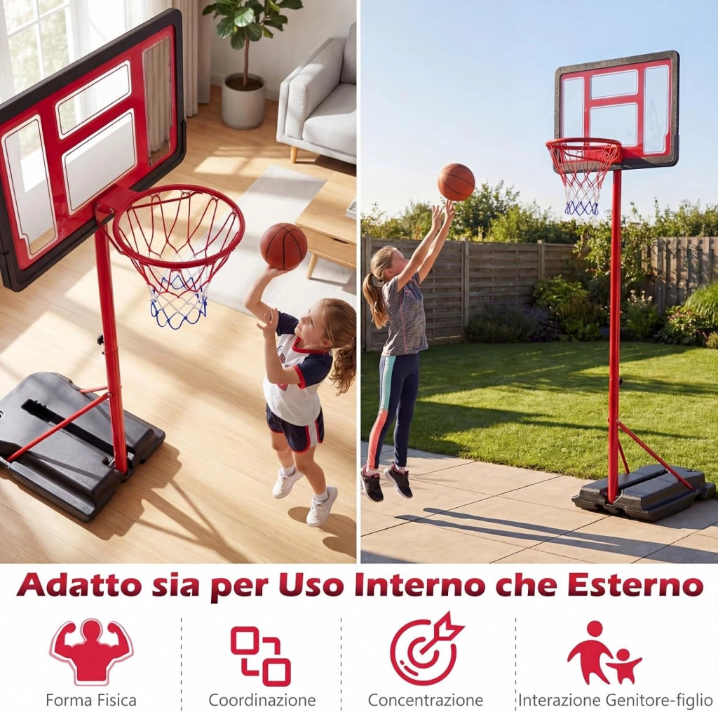 COSTWAY Canestro da Basket da Esterno ed Interno per Bambini, Canestro da Basket Regolabile in Altezza da 95 a 155 cm con Base Riempibile, Tabellone in PE e Struttura in Metallo
