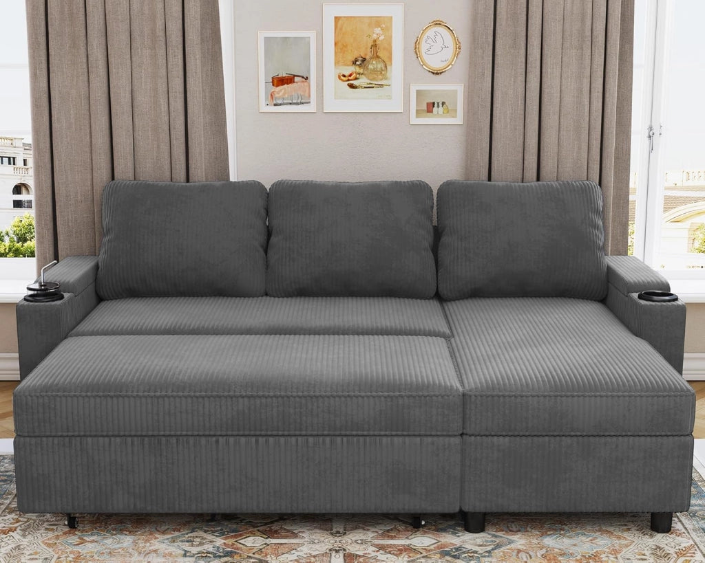 Divano Letto Chaise Longue a Forma di L, Divano da Salotto Cheslong a 3 Posti Convertibile in Letto, con Contenitore Integrato e Portabicchieri, Tessuto Morbido Beige Grigio Scuro
