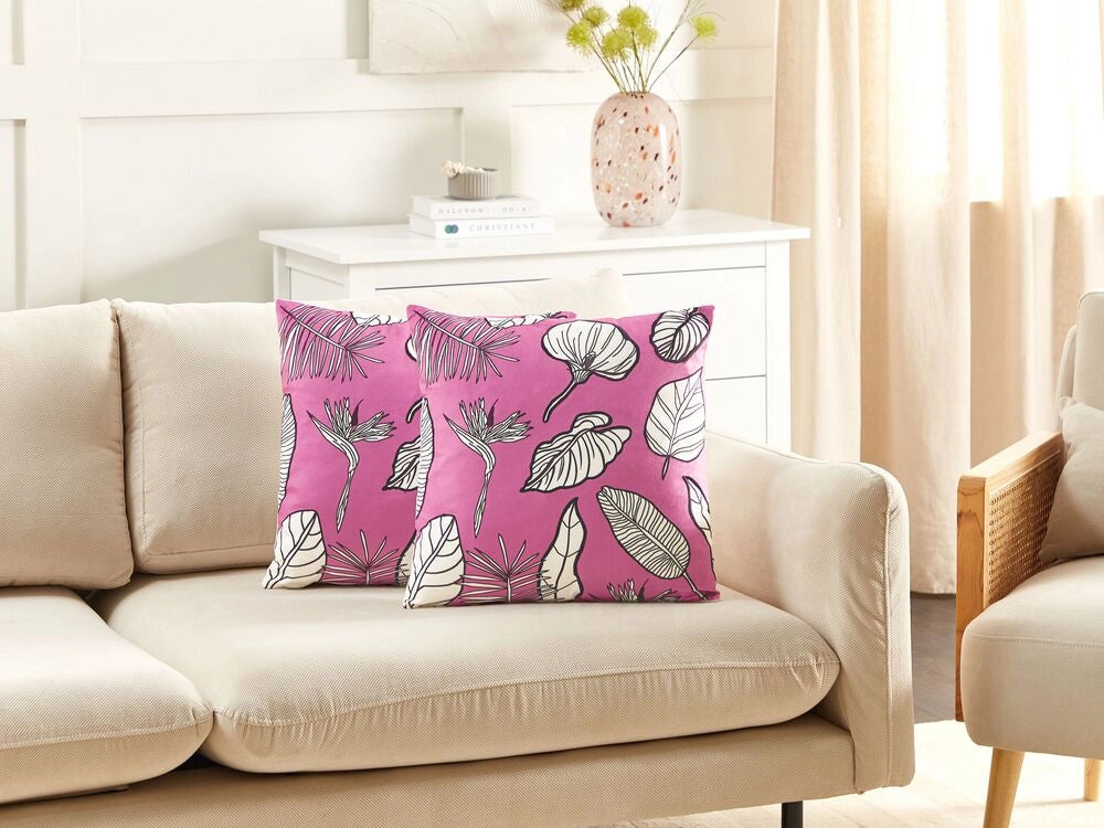Set di 2 cuscini in cotone con stampa a foglie 45 x 45 cm rosa soggiorno camera da letto