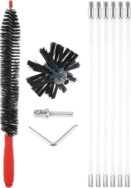 Set di spazzola per camino con set di spazzole in nylon a manico rigido, 1 testa di spazzola (10 cm) e 6 manici a click (40 cm) per camino, ventilatore per asciugatore, ventilazione fognaria, aspiratore e stufa a legna