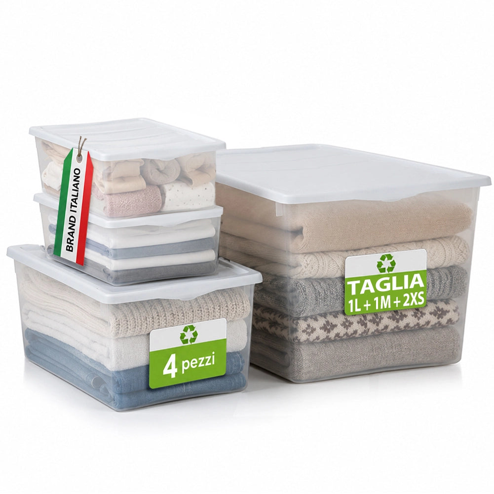 Set 4 Pezzi Contenitori con Coperchio Spring Box 1L + 1M + 2XS in Plastica Bianco Trasparente