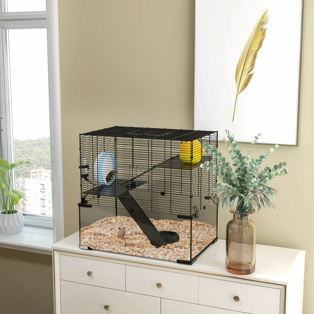 Gabbia per Criceti 3 Livelli con Ruota ¨C zephmum ¨C Nero 60x40x57cm
