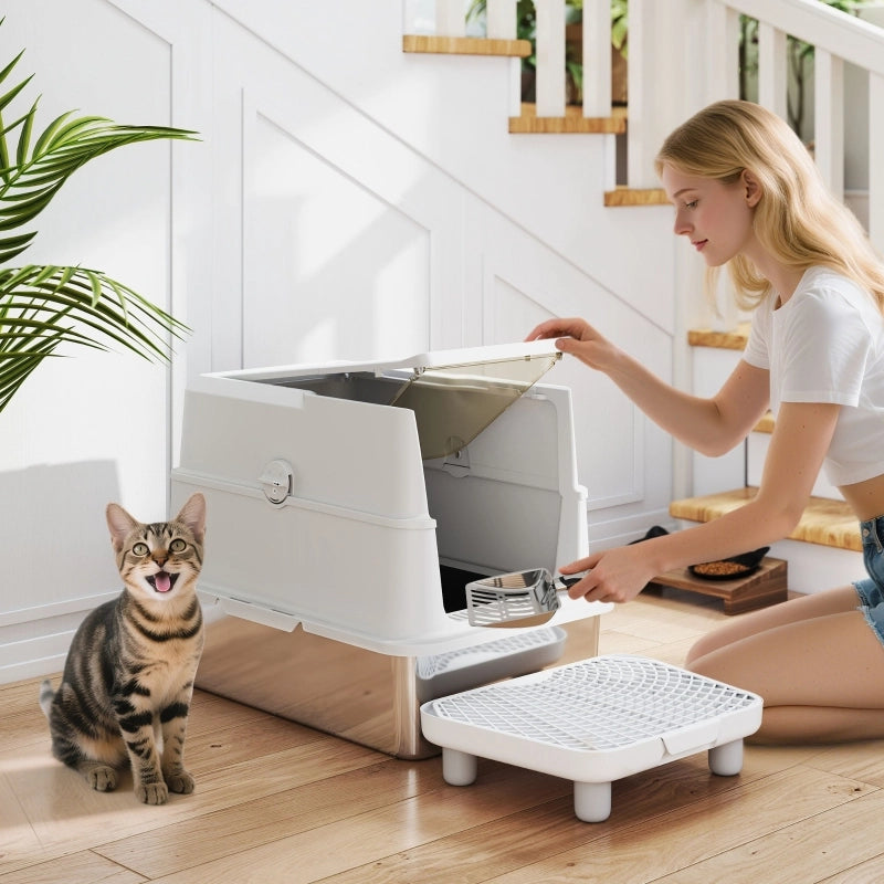Lettiera per gatti, in acciaio inox, interno XL, con paletta, grigio chiaro