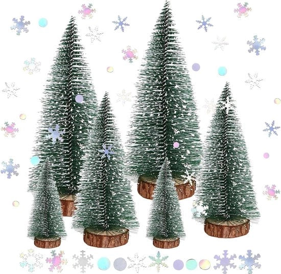 Decorazioni di Natale per tavolo - set di decorazioni per albero di Natale con 3 dimensioni mini albero di Natale decorativo + 6 pezzi di decorazione con fiocchi di neve - decorazione di Natale per tavolo per le feste di Natale
