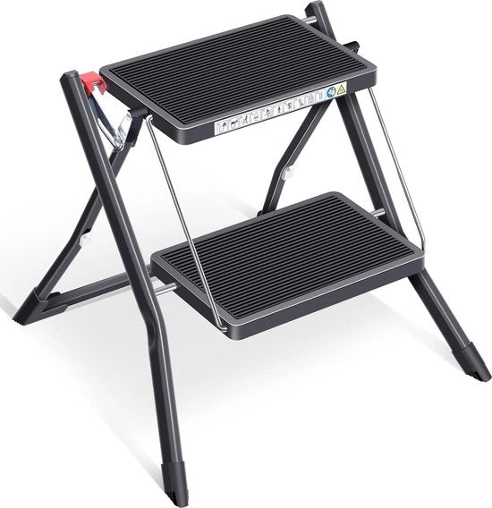 Scala a Più Livelli 2 Gradini Portatile - Grande Piattaforma - Scala a Manubrio di Acciaio - Scala di Acciaio Portatile - Scala di Acciaio per Casa - Scala di Acciaio per Cucina - Nero