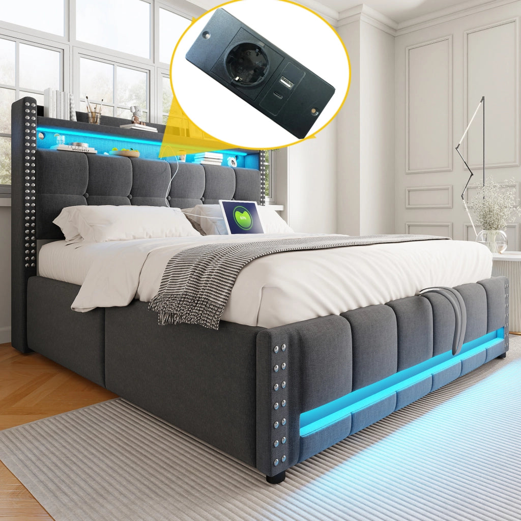 Letto imbottito 160x200 cm con LED, USB e vano contenitore
