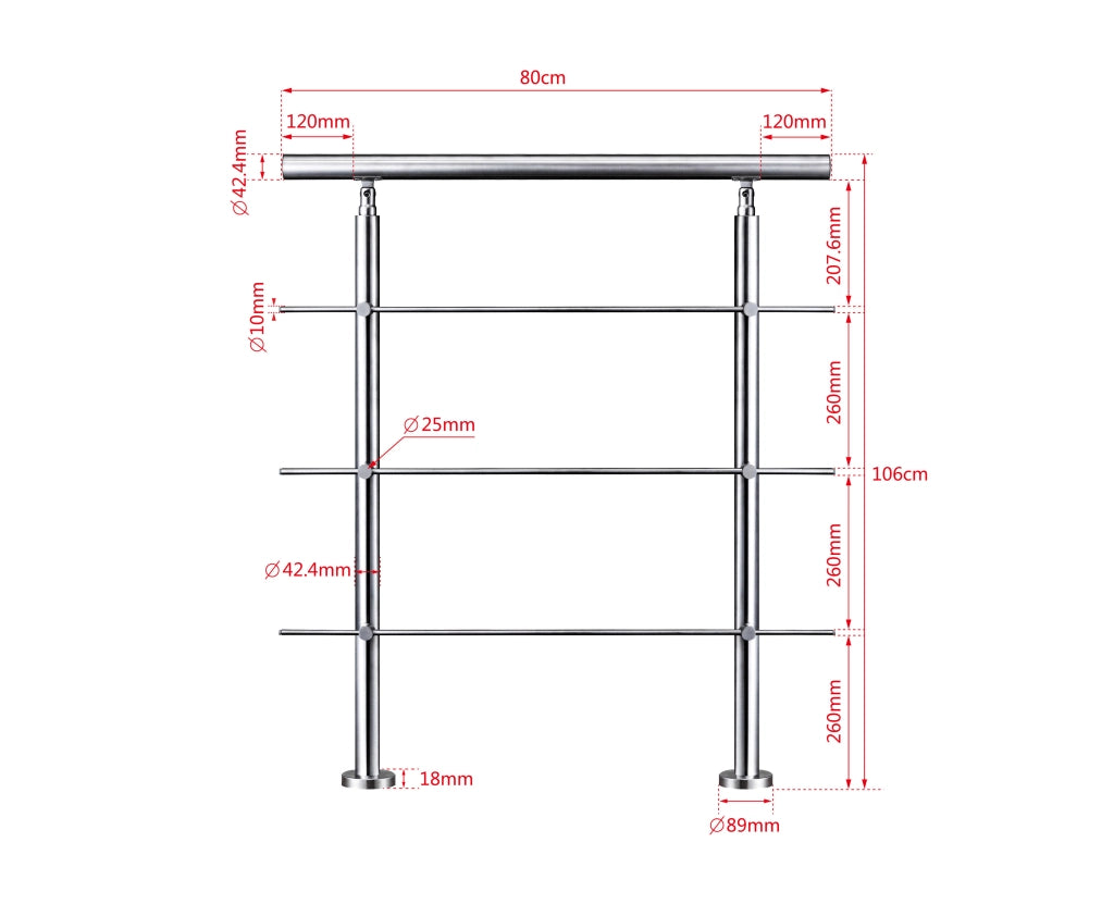 Ringhiera Balaustra Corrimano in acciaio inox spazzolato 80x106cm per interni ed esterni 3 barre trasversali