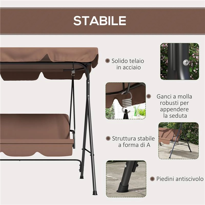 DONDOLO DA GIARDINO A 3 POSTI CON TETTUCCIO PARASOLE INCLINABILE E CUSCINI, 172X110X153 CM, MARRONE E NERO