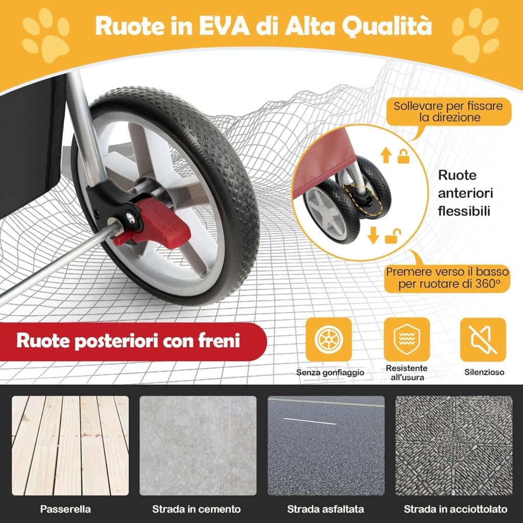 Passeggino per Cani, Carrozzina per Cani Pieghevole Fino a 15 kg, 4 Ruote con Finestra a Rete Porta Bicchiere e Cesto, Passeggino Portatile per Animali Piccola e Media (Rosso)