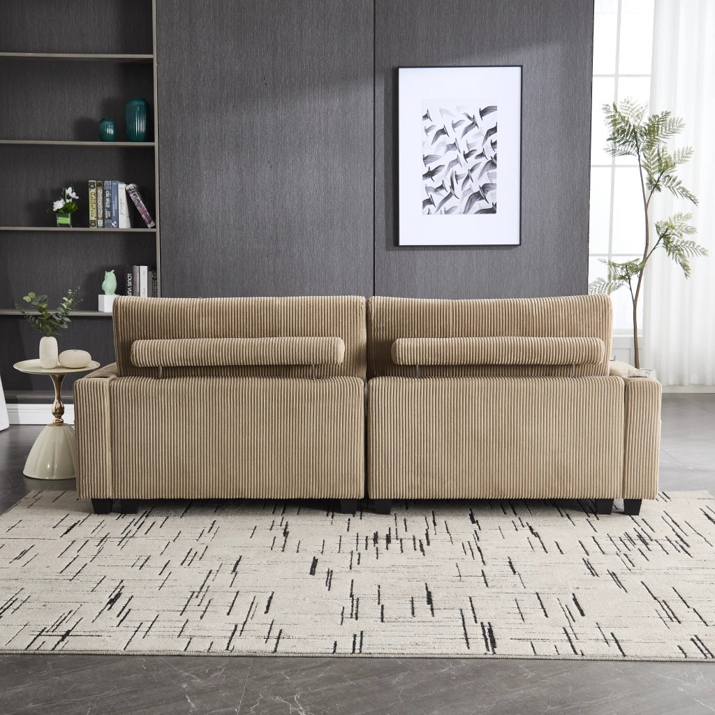 Divano modulare 2 posti in tessuto a coste con portabicchieri, tasche laterali e porte USB, khaki 224 × 140 × 81 cm