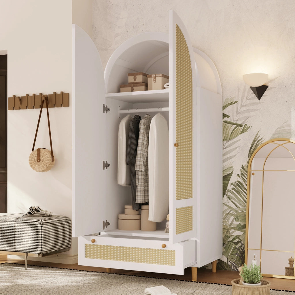 Armadio con 2 ante e cassetto; barra appendiabiti - per camera da letto - bianco