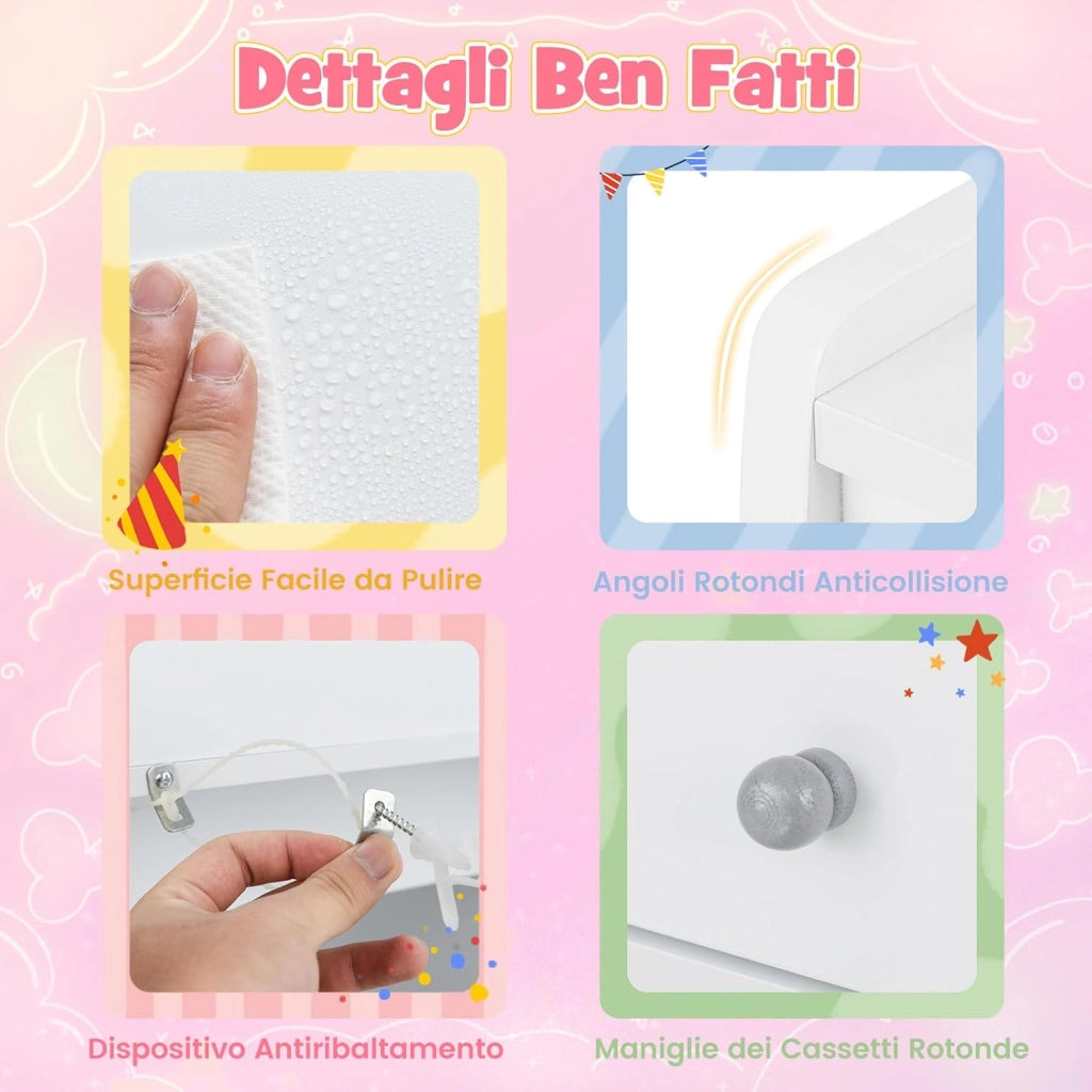 Set Toeletta Trucco per Bambina con Sedia a Schienane, Tavolo Trucco con Specchio Acrilico Rotondo, Postazione Trucco con 2 Cassetti Grandi e 2 Piccoli, per Bambine 3+ Anni, Bianco