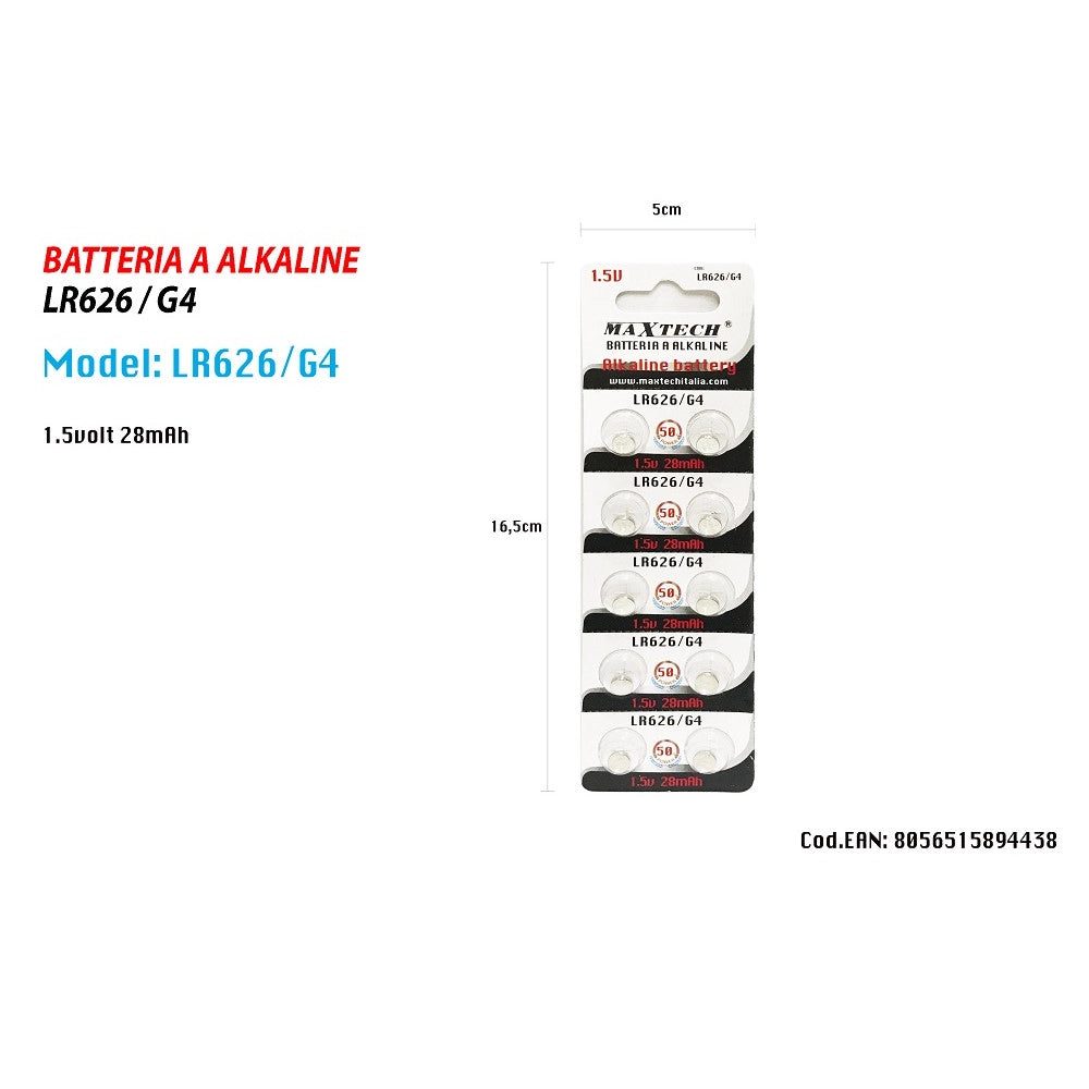 Trade Shop - Pile Batteria Alkaline Lr626/g4 1.5v 28mah A Bottone Orologi Telecomandi Maxtech -