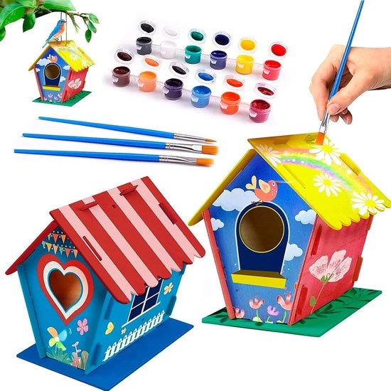 Due kit di costruzione di casetta per uccelli in legno per bambini - set di artigianato creativo con attrezzi da pittura