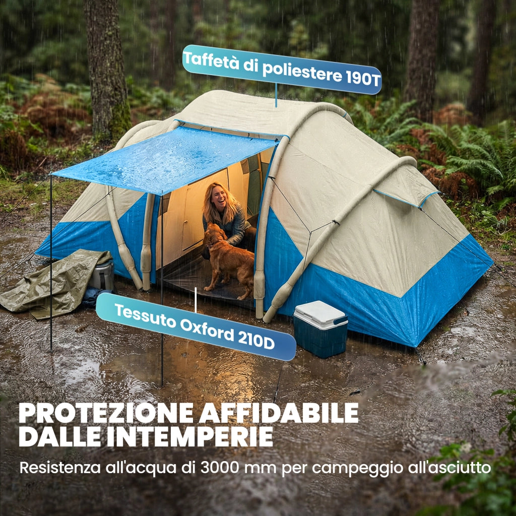 Tenda Gonfiabile. Facile da Montare. 4 Persone. 2 Camere da Letto. Blu