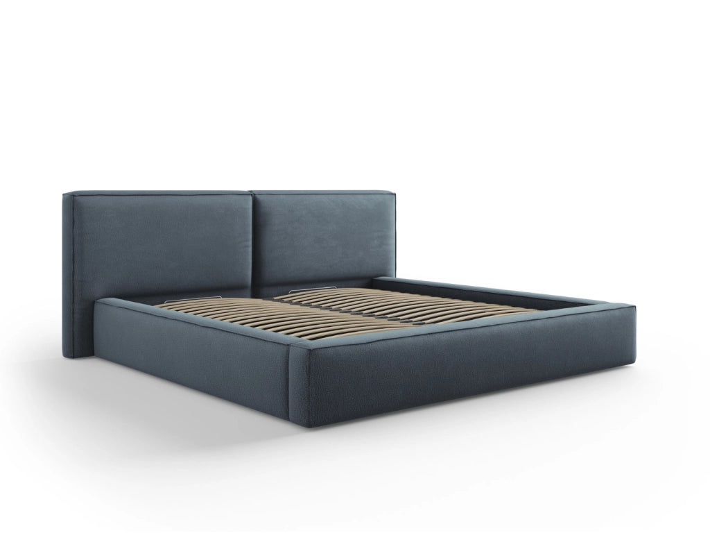 Cosmopolitan Design - Letto a cassettone con testiera doppia "Arendal" 200x200cm in tessuto strutturato blu 