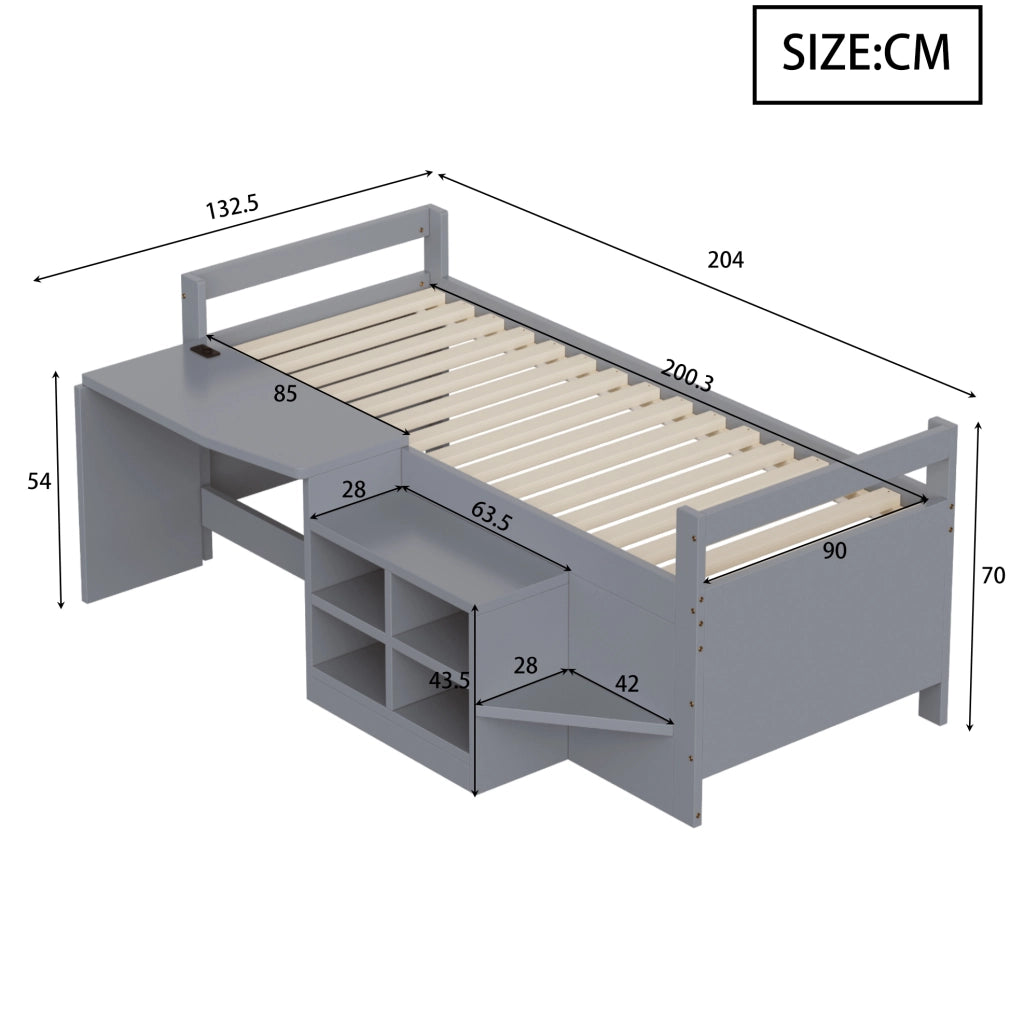 Letto per bambini 90x200 cm con scrivania; vani contenitore; USB e presa; grigio