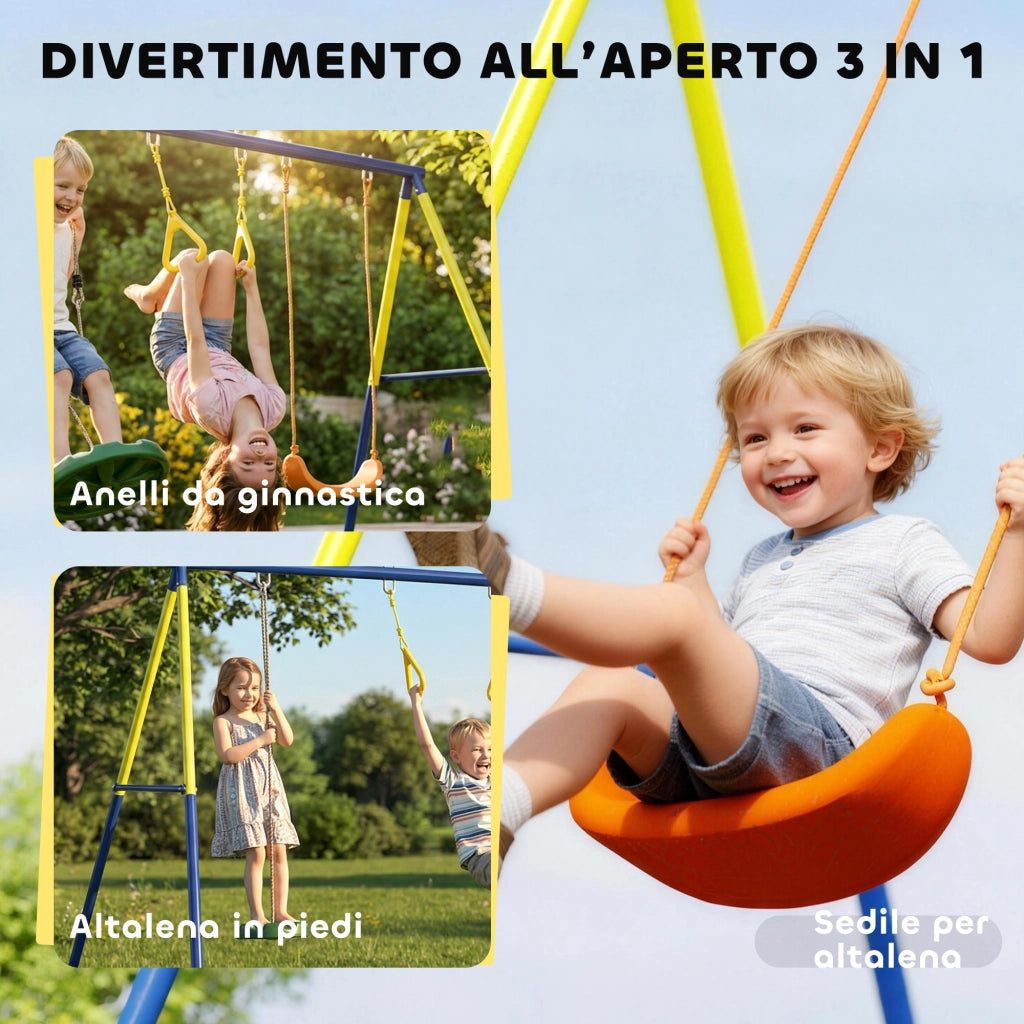 Altalena da Giardino 3 in 1 per Bambini 3-8 Anni, in Acciaio e PE, 285x160x181 cm, Multicolore