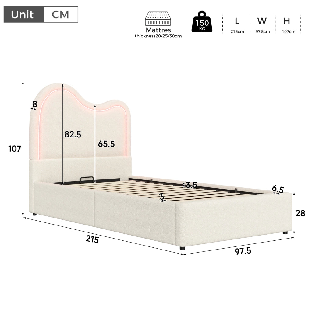Letto imbottito per bambini con contenitore idraulico, 90x200 cm, bouclé bianco