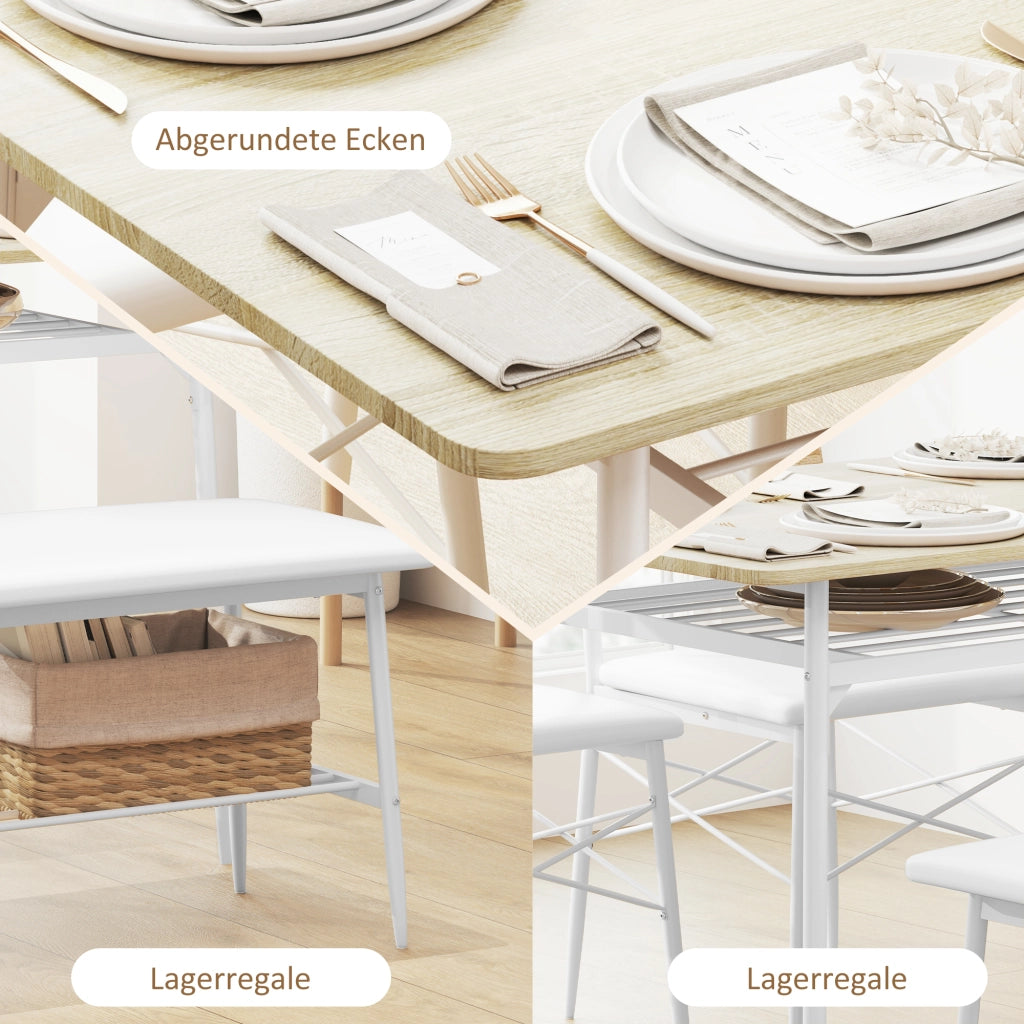 Tavolo da pranzo per 4 persone con 2 sedie e panca, ripiani contenitore, per cucina e sala da pranzo, rovere