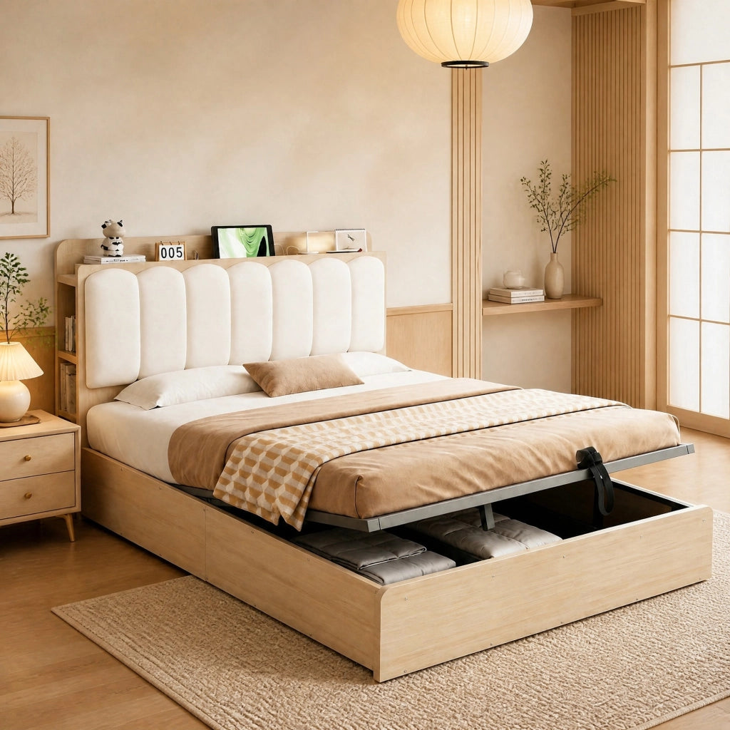 LETTO contenitore idraulico 140x200 cm in legno colore naturale con USB