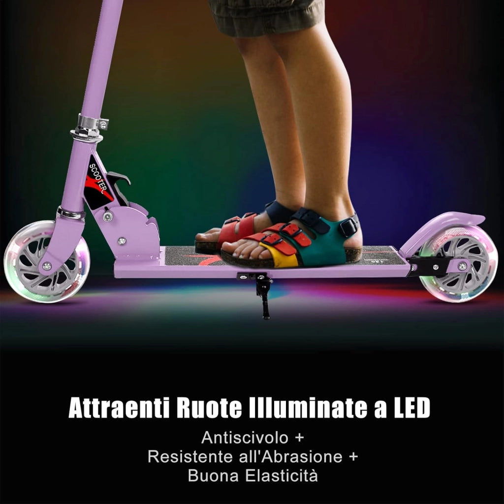 Scooter pieghevole Monopattino per bambini, regolabile in altezza, con 2 ruote lampeggianti, Scelta a colori (Viola)