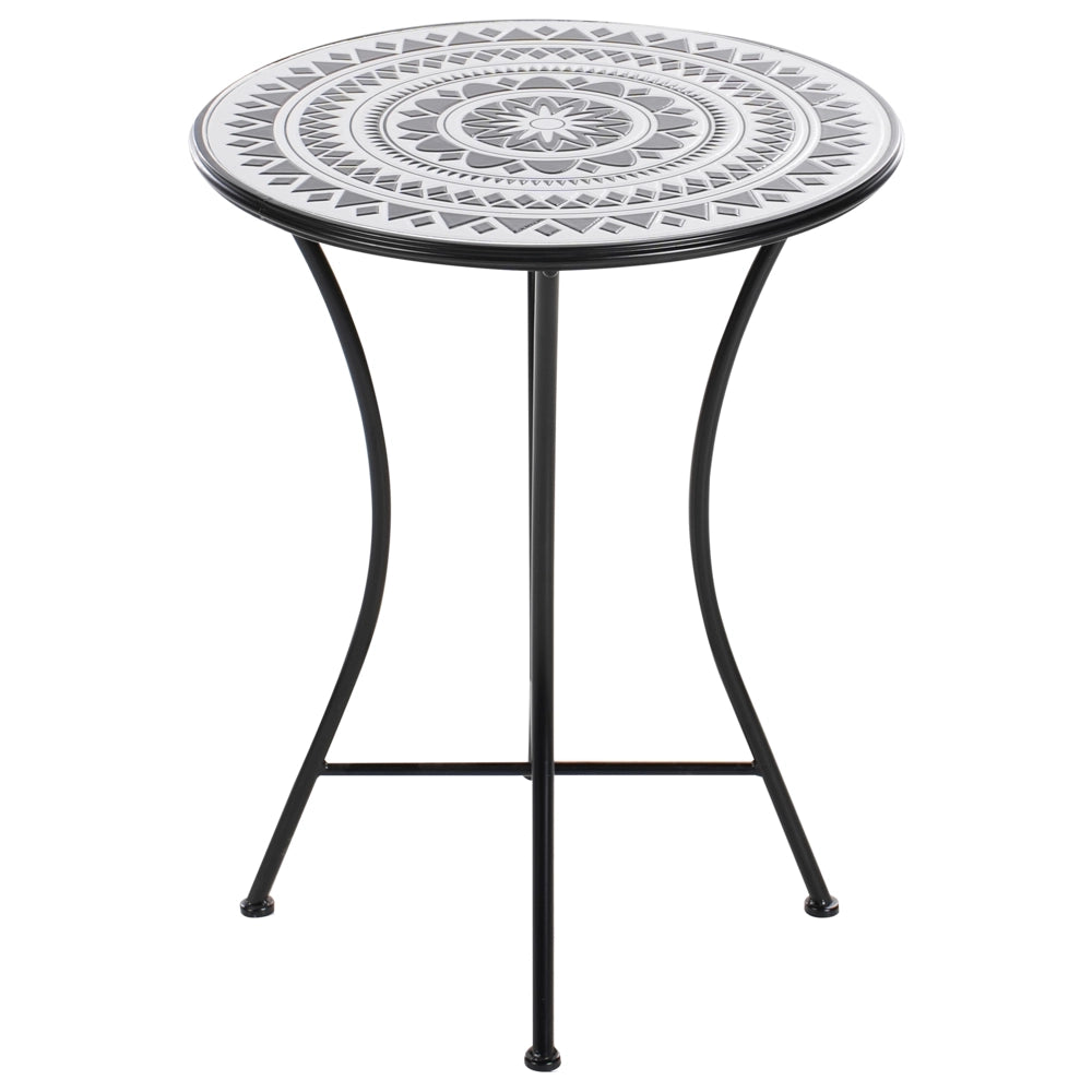 Set da balcone con tavolo e sedie pieghevoli in metallo e piastrelle in ceramica bianca e nera
