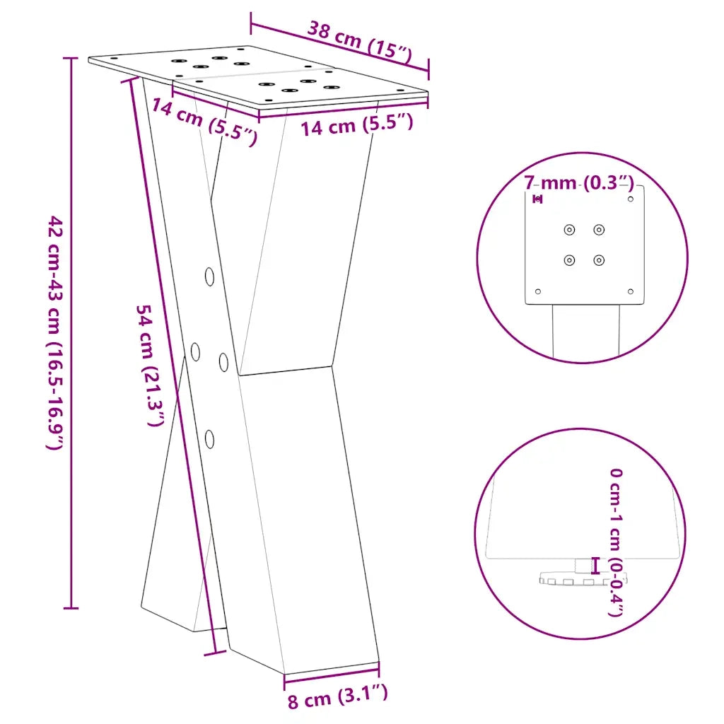 Gambe per Tavolino da Caff¨¨ a Forma di X 2 pz | Piede del tavolo Acciaio Naturale 38x(42-43) cm Acciaio