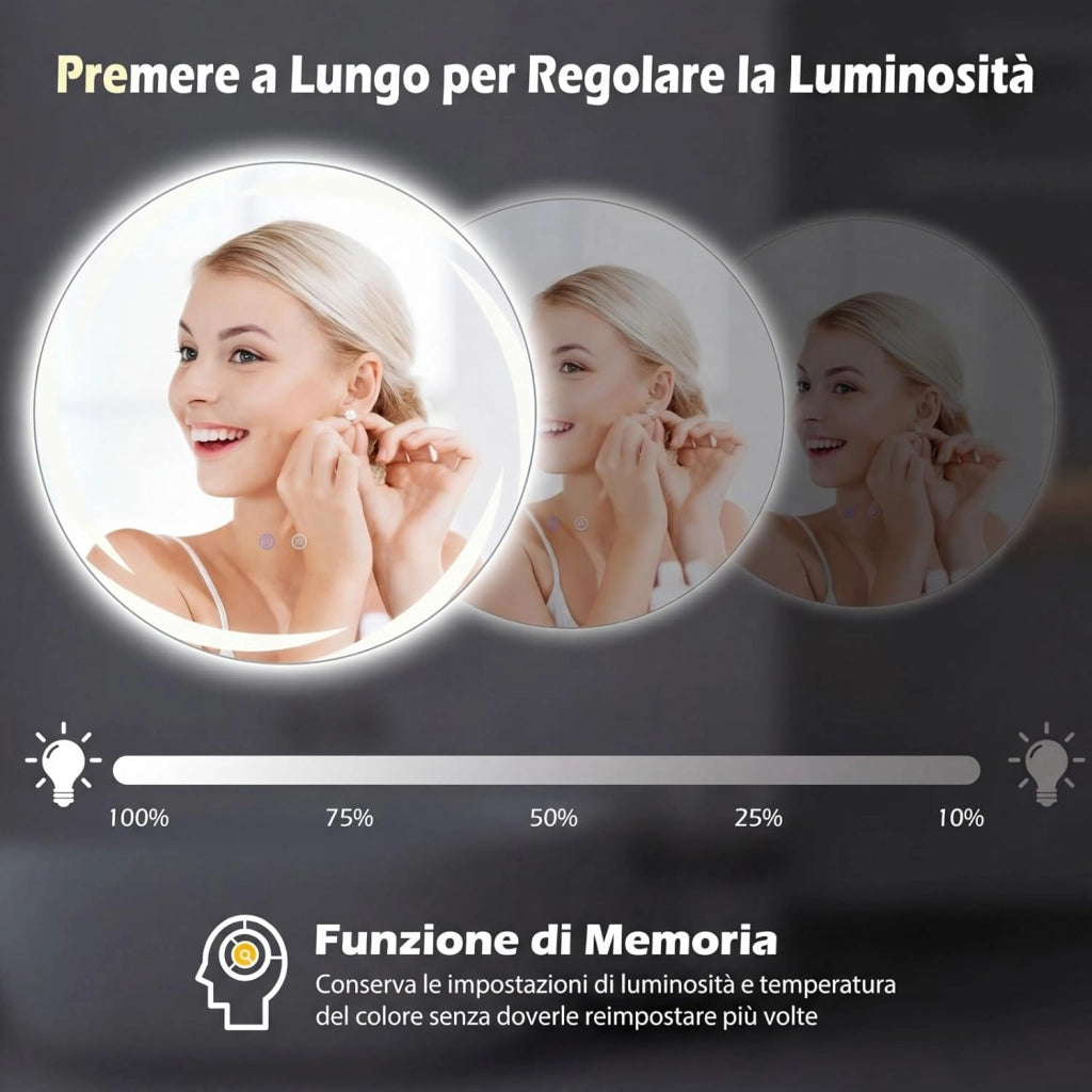 Specchio da Bagno con LED Rotondo 70 cm, Specchio da Parete Retroilluminato Dimmerabile con Vetro Temperato Antideflagrante, Luci a 3 Colori e Antiappannamento, IP44 (70 x 70 cm)