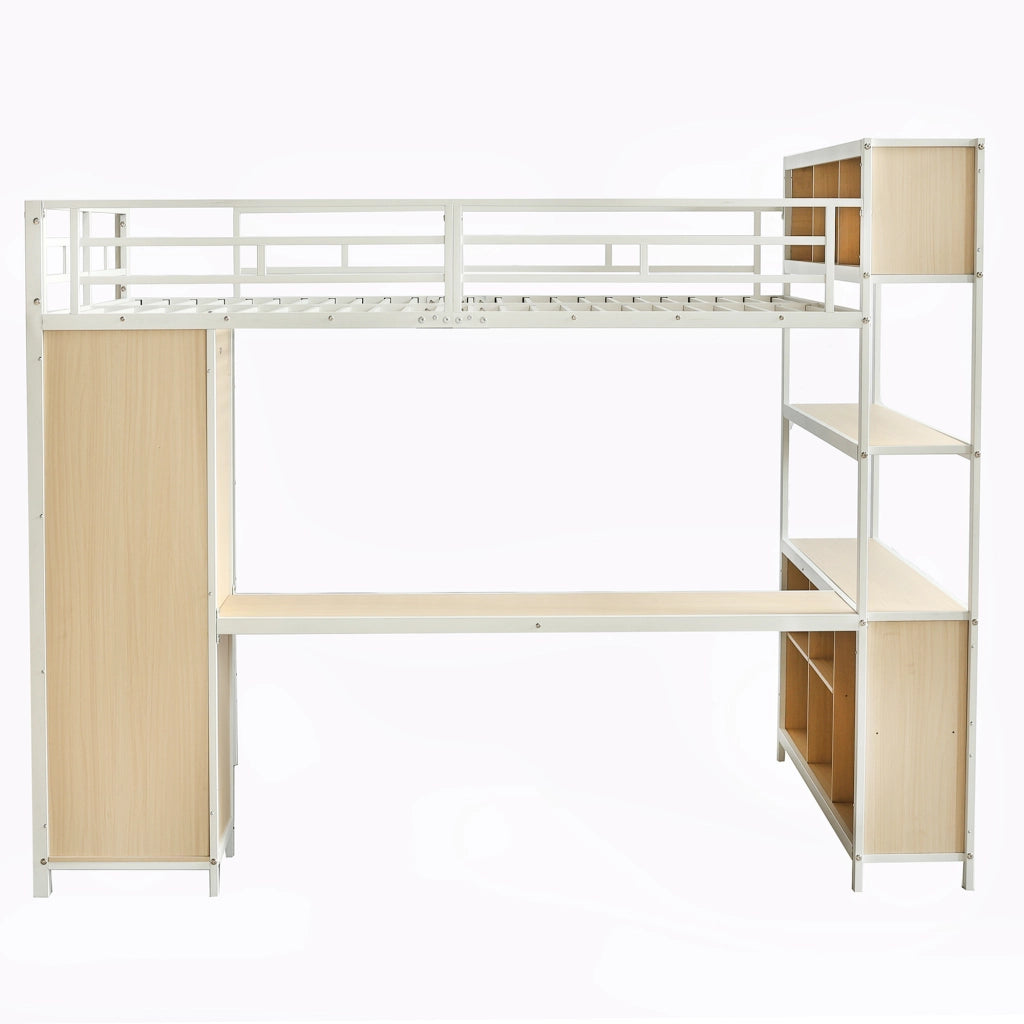OKWISH Letto a soppalco 140×200 cm, Letto Matrimoniale con Scrivania, Contenitori, Armadio e Mensole, senza Materasso, Bianco