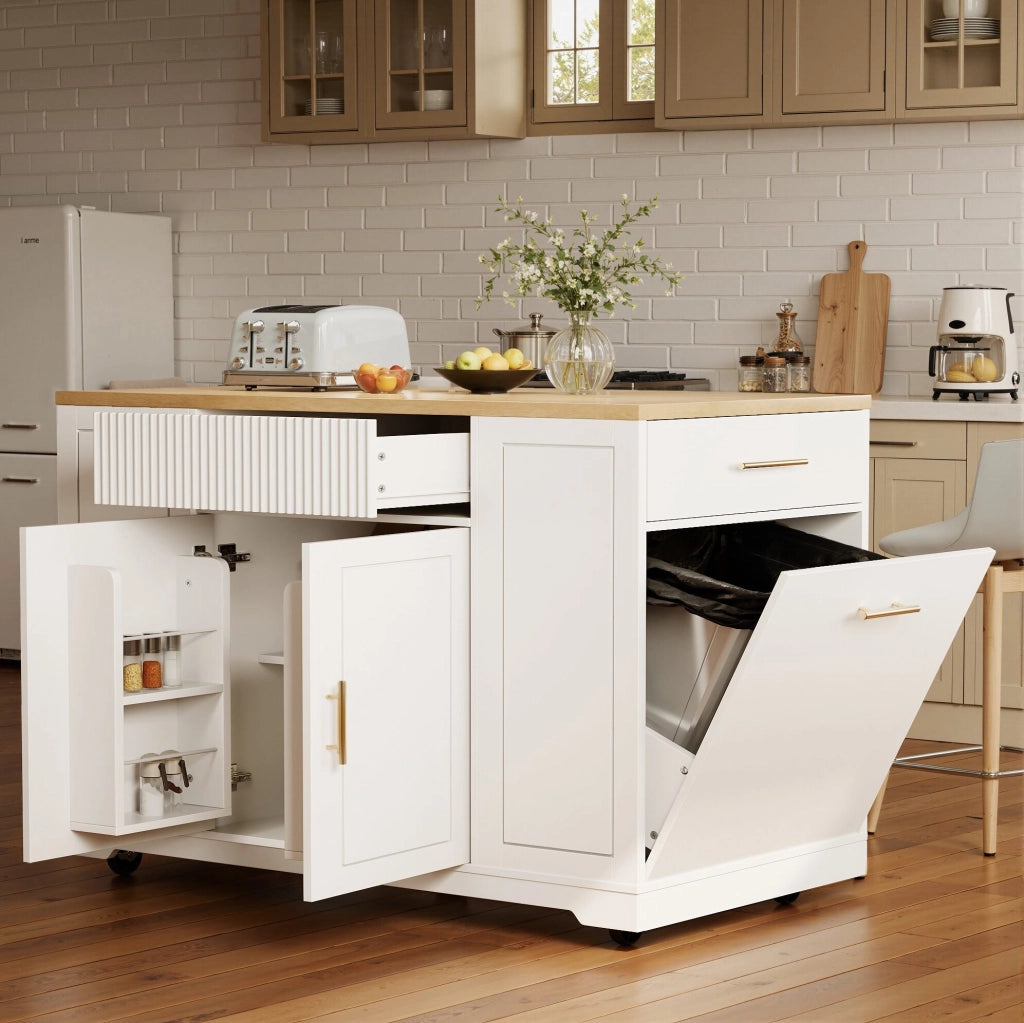 Isola da cucina 120x50 cm; con cestino integrato; MDF e metallo; bianco