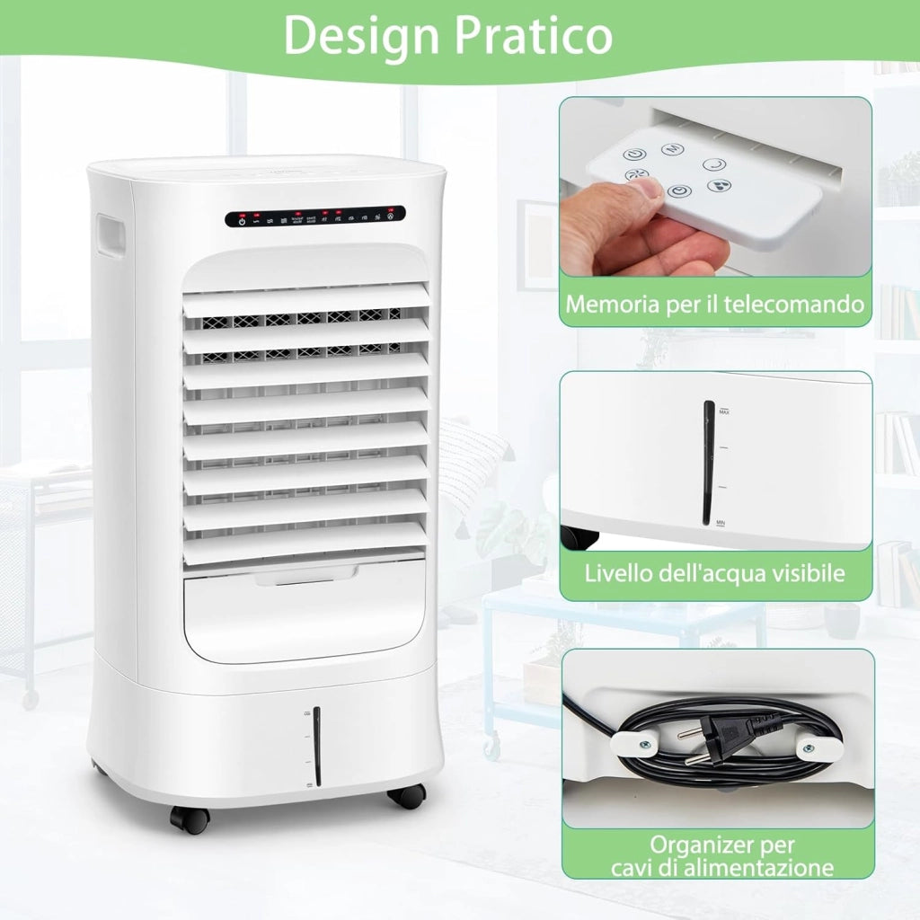 Ventilatore Condizionatore Portatile, 4 in 1 Ventilatore, Umidificatore, Purificatore d'Aria, Climatizzatore, Timer 15H, 3 Modalità & 3 Velocità, Telecomando, 2 Confezioni di Raffreddamento